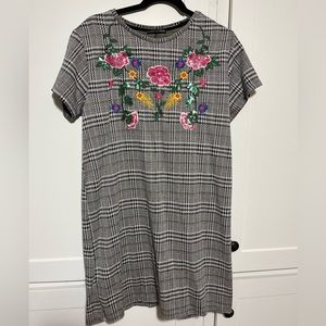 Zara Black and White Checkered Mini Dress with Colorful Floral Embroidery